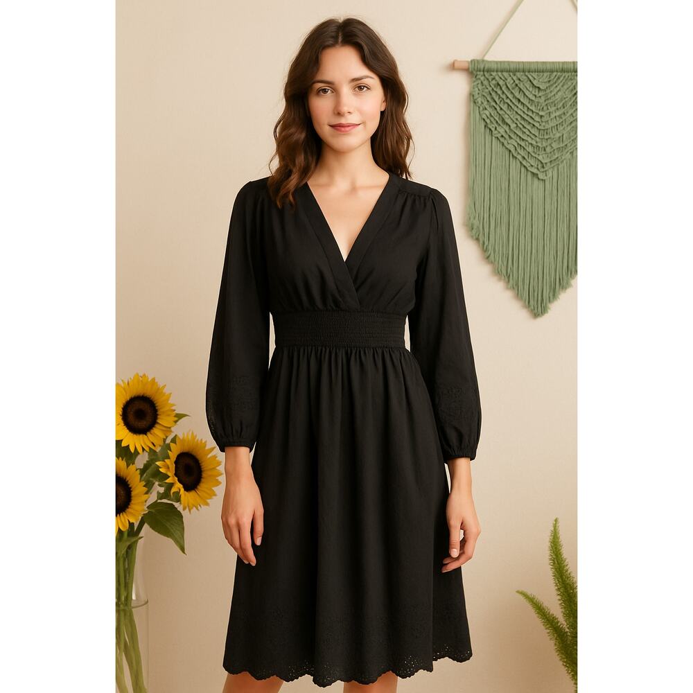 Old Navy Black Smocked Waist Midi Dress Women’s Size M Embroidered Hem - Picture 5 of 14